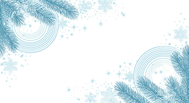 Winter seasonal background featuring soft blue pine tree branches and falling snowflakes with geometric circular patterns.