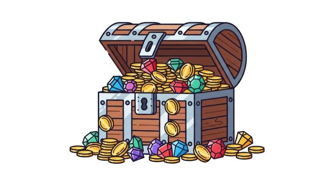 Open wooden treasure chest full of gold coins and colorful gems vector illustration.