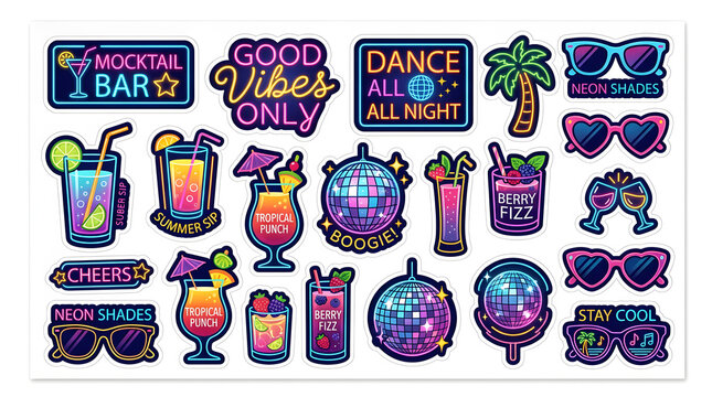 Neon Nightlife Collection: A vibrant collection of neon-style graphics featuring cocktails, disco balls, sunglasses, and inspirational quotes for a fun and energetic vibe.