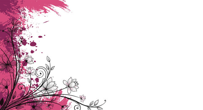 Artistic composition of vibrant pink paint splashes and grunge textures with black hand-drawn floral and swirl outlines.