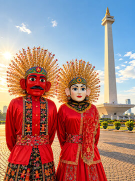 a photo of two betawi ondel-ondel with the Monas monument in the background.