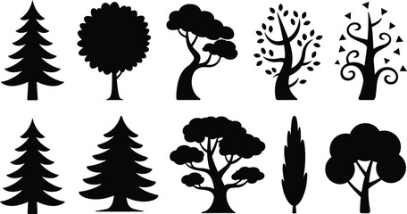 Collection of diverse vector tree silhouettes featuring coniferous, round canopy, decorative, and stylized botanical landscape designs © mstlipibegum