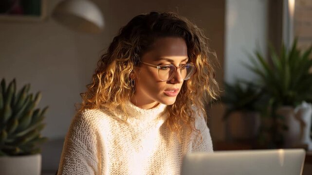 Entrepreneur reviews fintech investment platform while sitting in a bright room with plants and a laptop during evening hours