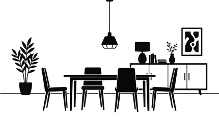 Fototapeta premium Modern minimalist dining room interior with table chairs cabinet and plant in black and white line art illustration for home decor concept