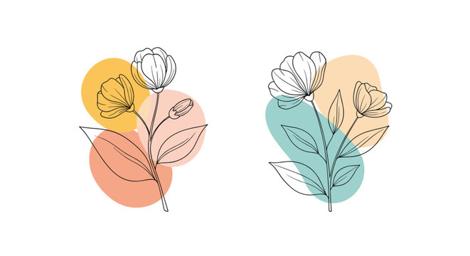 Minimalist botanical line art features two flower stems set against soft abstract colorful shapes for modern interior wall decor.