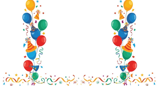 Festive party border features colorful balloons, cone hats, and bright confetti for birthday celebrations and special events.