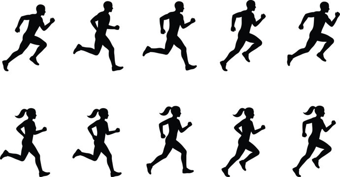 Silhouettes of Male and Female Runners in Motion Sequence for Sports and Fitness Design Concepts
