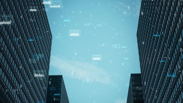 abstract smart city technology background with modern office skyscrapers and floating digital analytics charts.
