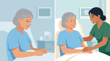 Obraz premium Elderly woman's mood shift from sadness to happiness with caregiver support