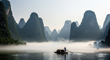 Obraz premium Atmospheric Misty Li River Karst Mountain Landscape with Multiple Cormorant Fishing Rafts and Birds