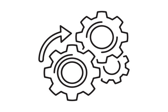 Multiple connected gear icons with rotating arrow showing system integration