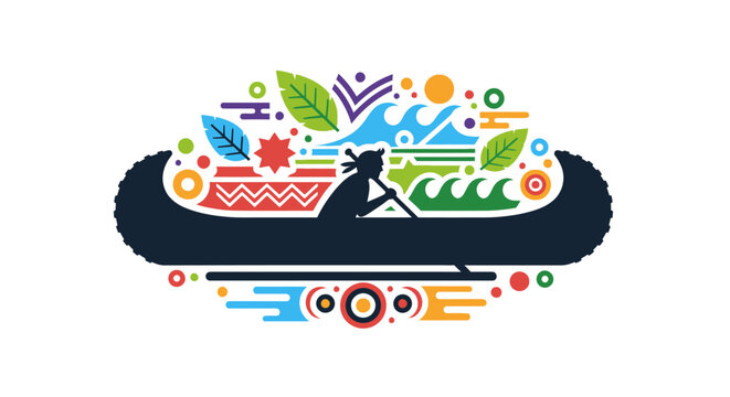 Indigenous native person paddling a traditional canoe surrounded by cultural patterns.