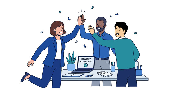 Diverse business team celebrating project completion with high fives and confetti, office success