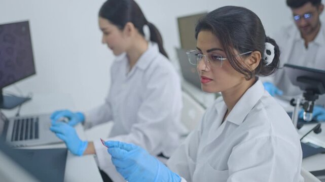 Young woman wearing eyeglasses and protective gloves using laptop at lab desk, female colleague with computer in background, research work.