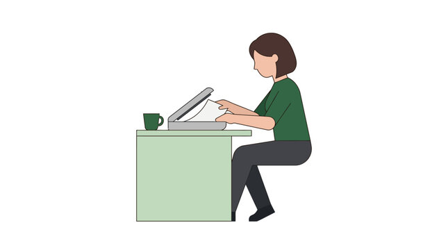 Woman scanning documents at office desk with coffee mug, flat illustration