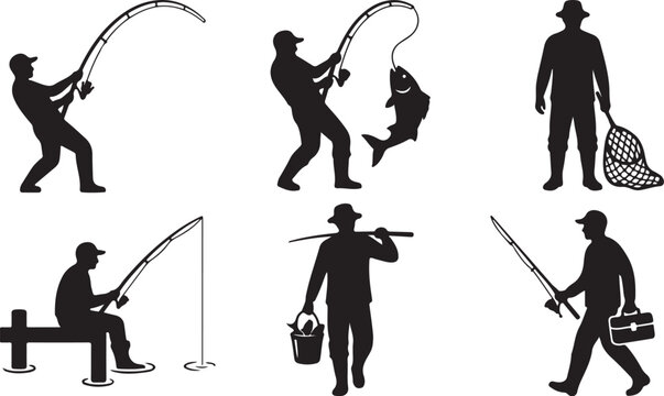 Fishing, silhouette icons, black, vector graphics, fishermen, fishing equipment, 6 pcs