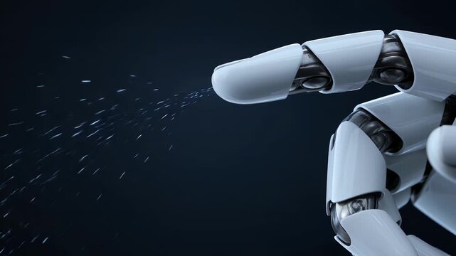Robot hand, artificial intelligence and technology with automation for future industry, innovation and engineering. Cyborg, machinery and cybernetics with electronics, scientific research and bionic
