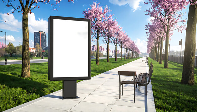 Blank outdoor advertising billboard mockup on a city park path with cherry blossoms