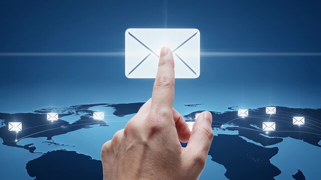 Email marketing, global communication and digital mail with world map, hand and internet connectivity for business. Information, online message and contact for networking, growth and tech support.