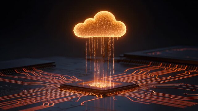 Cloud computing, technology and CPU with digital storage for network security, server hosting and database. Electronic circuit, glowing connection and futuristic hardware for online web service
