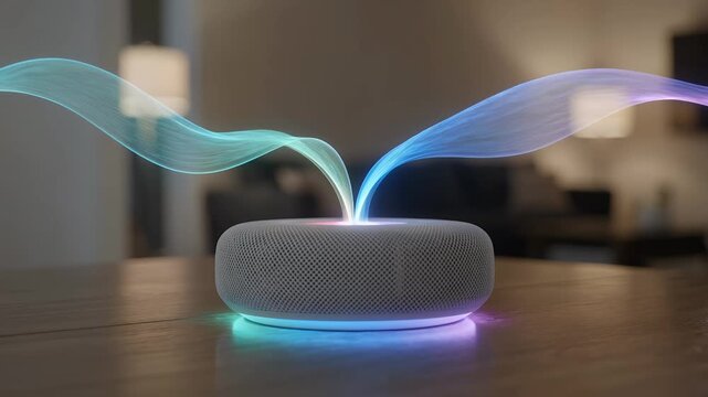 Smart speaker, AI assistant and voice control in living room with glowing sound waves, music and smart home. Modern technology, wireless device and electronic mesh with light on wooden table.