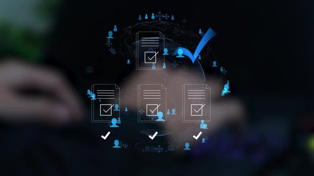 Businessman managing digital documents and task approval process on laptop. Smart technology interface for workflow automation, data management, productivity and online document verification.