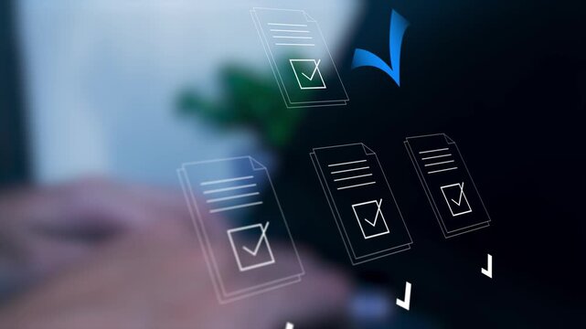 Businessman managing digital documents and task approval process on laptop. Smart technology interface for workflow automation, data management, productivity and online document verification.