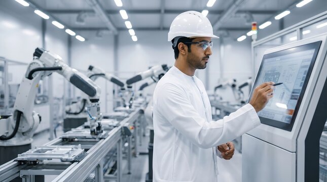 Middle Eastern engineer operating automated robotic production line in modern smart factory