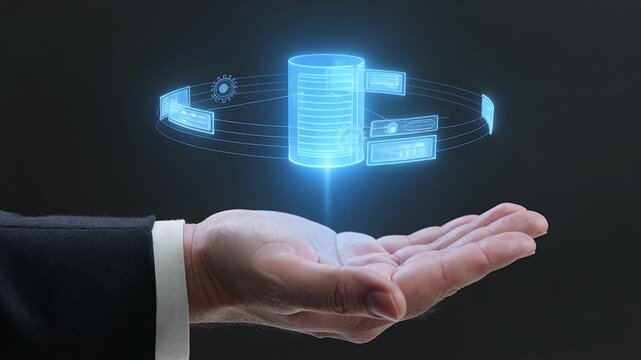 Cloud data storage, server and hologram in hand for database management, cybersecurity and networking. Man, suit and digital technology for big data, web hosting and internet backup systems.