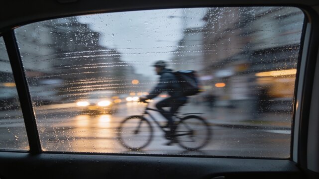Rain Streaks On Moving Car Window With Panning Shot Of Bicycle Courier Sharp Against Motion Blur Urban Documentary Technique