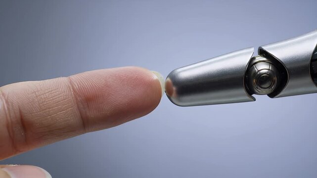 Robot and human finger touching for future technology, innovation and artificial intelligence connection. Machine, person and partnership with digital progress, cybernetics and scientific unity.