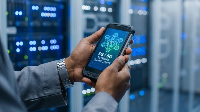 Hands holding rugged mobile device displaying 5G 6G network connectivity in high tech data center