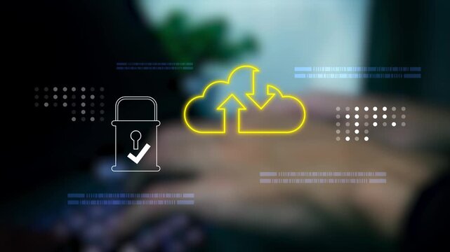 Cloud security concept with a digital lock and cloud storage interface, representing cybersecurity, encrypted data protection, secure file management, privacy compliance, enterprise cloud computing.