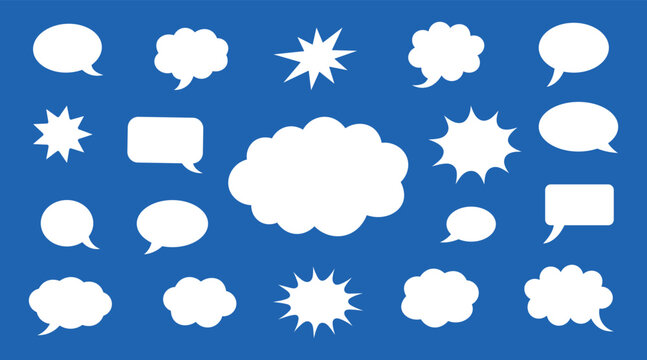 Set of comic speech bubbles and thought clouds on blue background blank white chat balloons and communication symbols