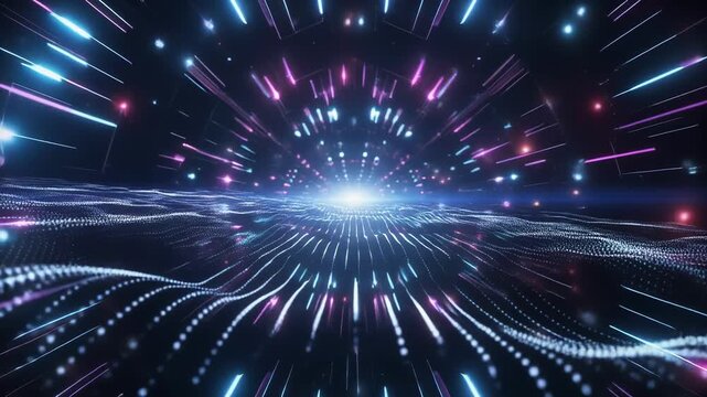 Abstract light trails forming dynamic geometric patterns in dark space