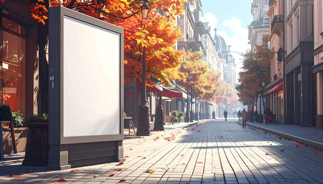 Blank outdoor advertising billboard on city street, autumn season city park mockup, urban street view with colorful foliage