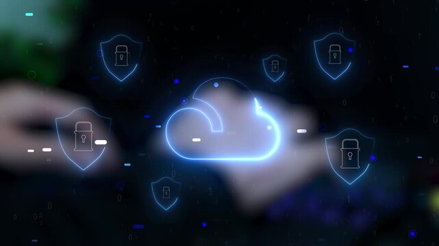 Cloud security technology with secure cloud storage, encrypted data transfer, cloud computing, backup protection, cybersecurity, digital infrastructure, and enterprise network security concept.