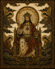 Obraz premium Jesus Christ sitting on a throne with angels, wearing a crown and a red robe, exuding divine authority.