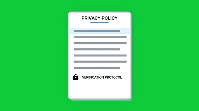 Animated privacy policy document with verification stamp, digital security concept