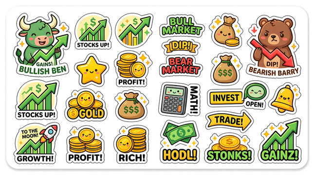 Financial Market Symbols: A vibrant collection of cartoon-style illustrations depicting stock market concepts like bull and bear markets, profit, investment, and growth.