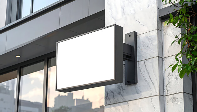 Blank outdoor store signage mockup on marble wall, empty retail frame for branding