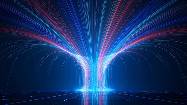Fiber optics, data and digital technology with blue light streaks for cyber network, internet connection and big data. Futuristic background, information flow and communication for ai system tech