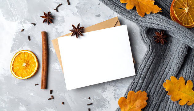 Blank card with autumn decorations, dried orange slices, cinnamon, spices, and knitted sweater