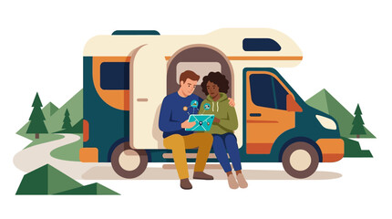 Fototapeta premium Young diverse couple planning road trip adventure on digital tablet while sitting in camper van flat vector illustration
