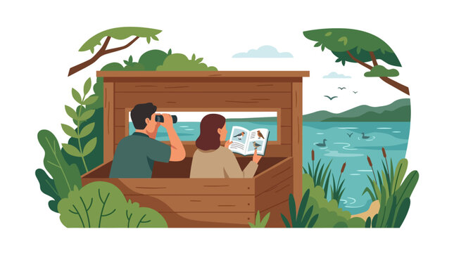 Young couple bird watching from a wooden hide overlooking a serene lake and mountains flat vector illustration.