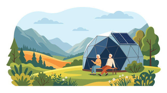 Senior couple enjoying sustainable glamping in mountain geodesic dome with solar panel flat design vector illustration
