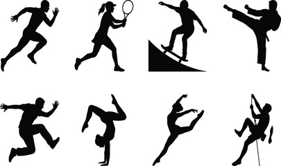 Black silhouettes set of people practicing various sports including running tennis skateboarding karate gymnastics ballet and rock climbingWeb © Ershad