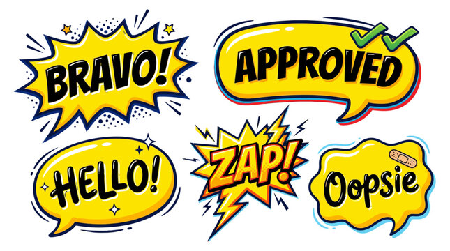 comic speech bubbles with positive and funny words