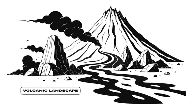Very beautiful black and white vector of a VOLCANIC LANDSCAPE with a bold label reading "VOLCANIC LANDSCAPE", featuring a towering volcano, flowing lava, rugged rocks, smoke clouds, and dramatic engra