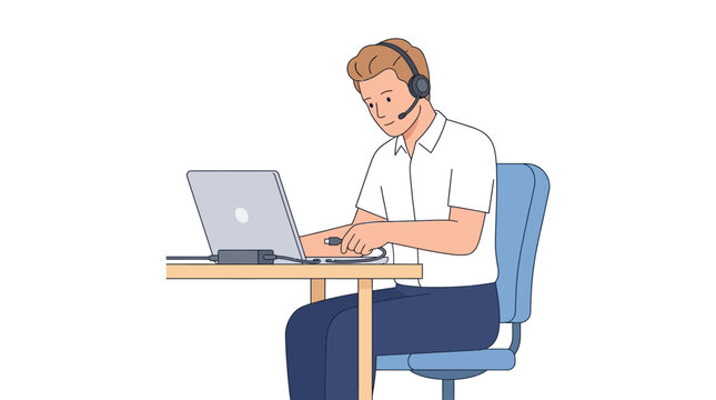 Man with headset working on laptop computer at desk, customer support concept